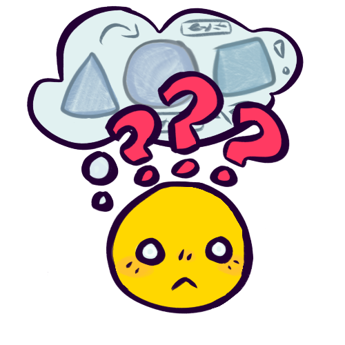 A drawing of a yellow, emoji-like face with a very cartoonish blank, confused expression. Shown through a thought bubble, they try to think of something represented by a nonsensical diagram of various simple polygons with arrows and scribbles, drawn with blue-grey colored pencils. Three red question marks appear above the face’s forehead, partially obscuring their thought bubble